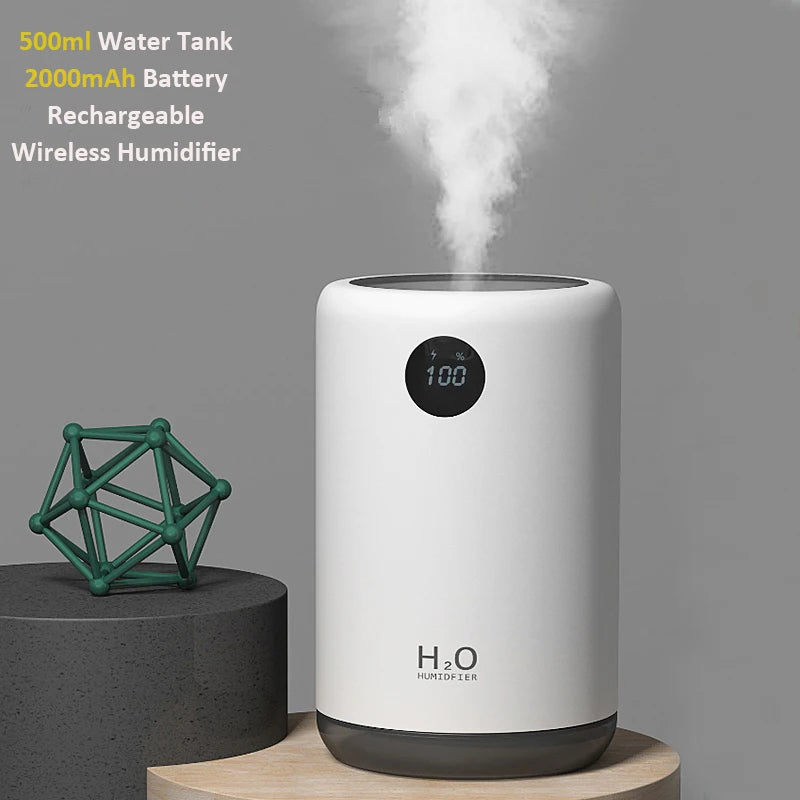 Himist 500ML Wireless Ultrasonic Air Humidifier – Portable Aroma Diffuser with LED Night Light & Digital Battery Display