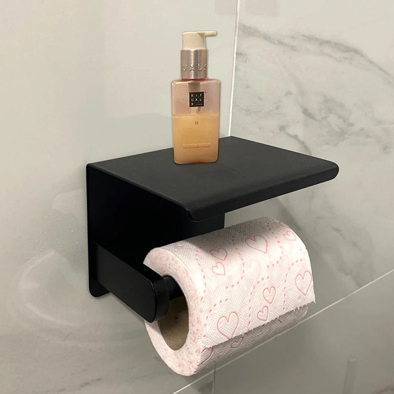 Aluminum Alloy Toilet Paper Holder with Shelf – Wall-Mount Design, Phone & Towel Storage, Multiple Styles