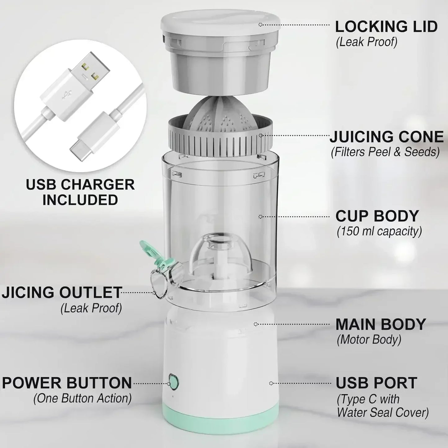 Portable Electric Citrus Juicer – USB Rechargeable, Compact Design for Fresh Orange & Lemon Juice Anytime
