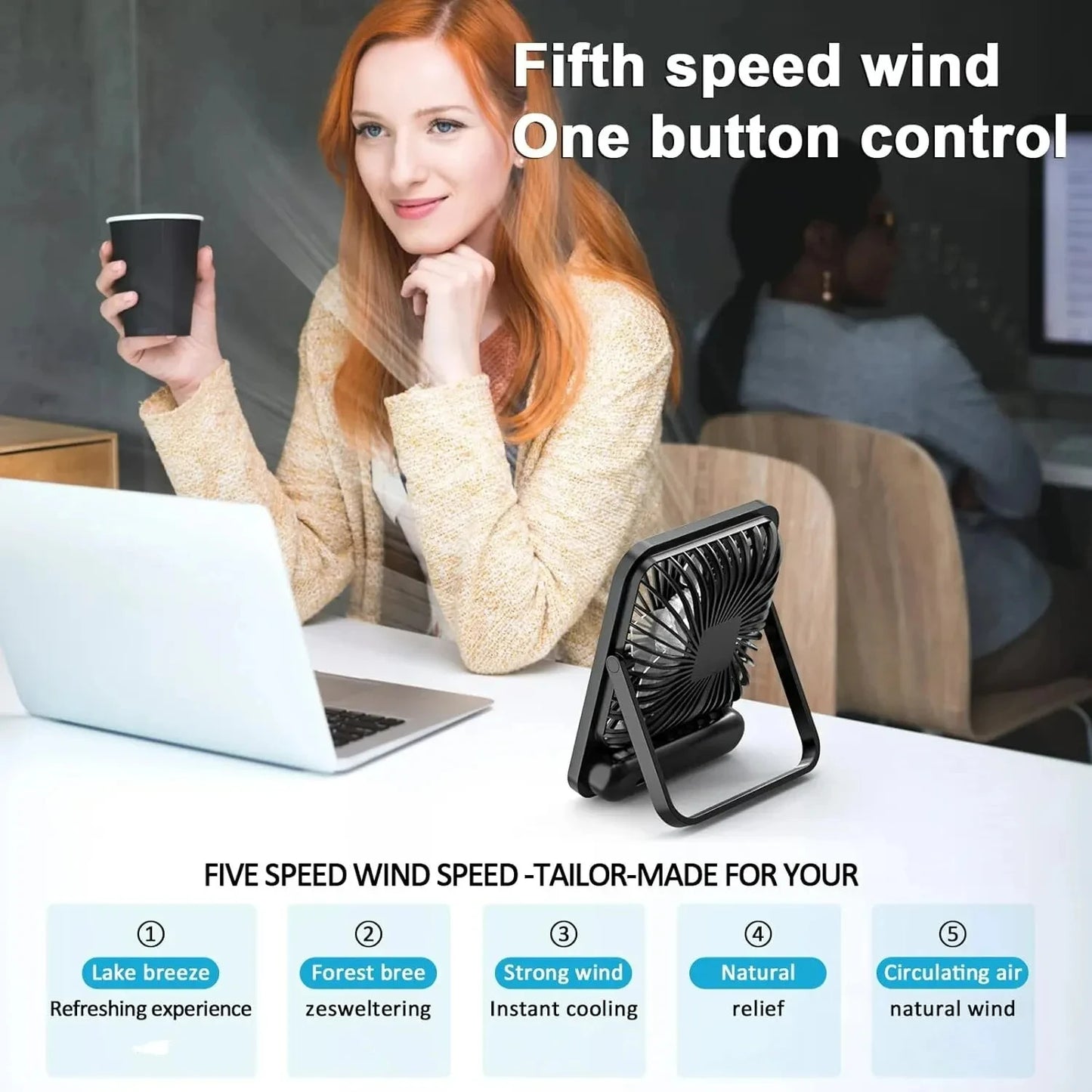 Sulvgo 180° Foldable Desk Fan – USB-C Rechargeable, 5-Speed Ultra-Quiet Personal Fan with Digital Power Display