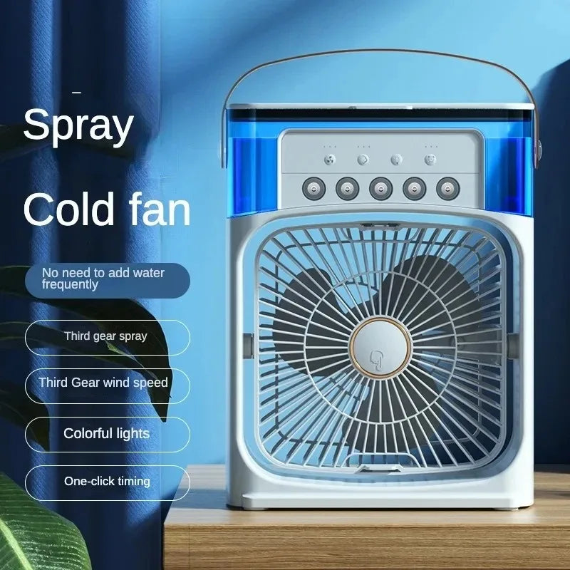 Portable USB Mini Air Conditioner Fan – 3-in-1 Cooling Mist, Humidifier & 7-Color LED Light for Desk & Travel