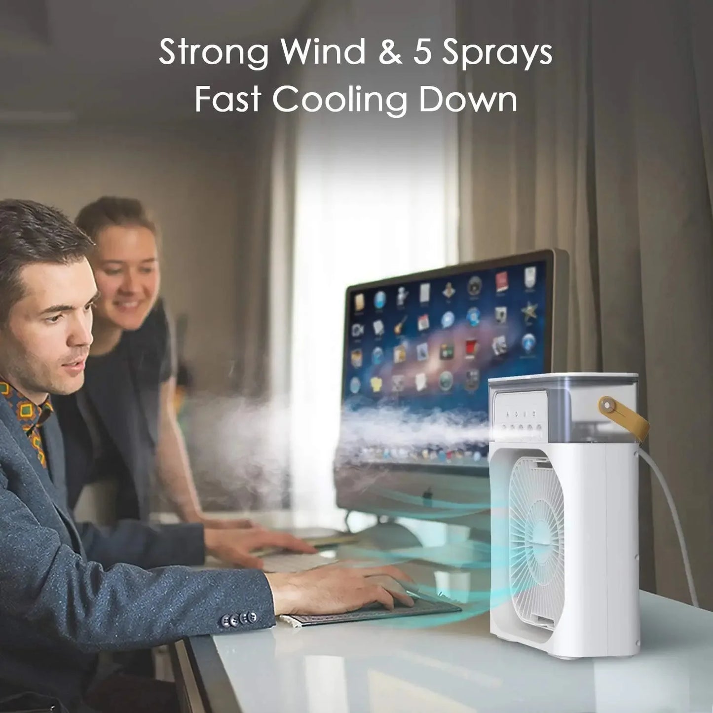 Portable USB Mini Air Conditioner Fan – 3-in-1 Cooling Mist, Humidifier & 7-Color LED Light for Desk & Travel