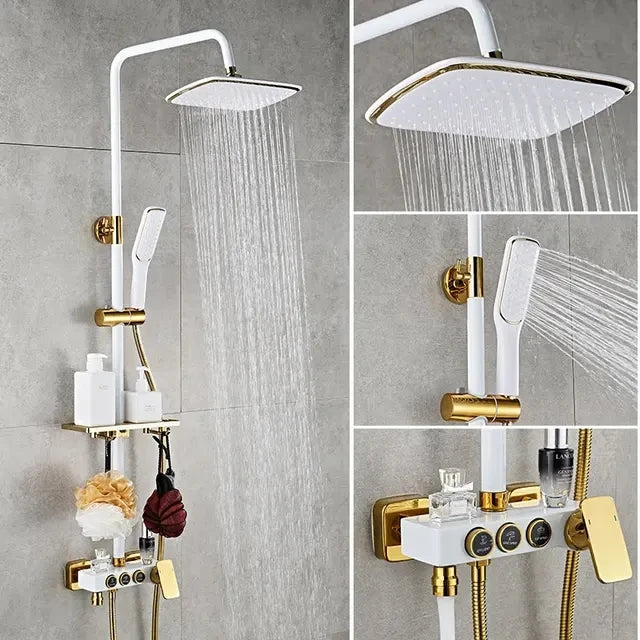 KEMAIDI Black & Gold 4-Way Shower Faucet Set – Rainfall Shower, Handheld Wand, Bidet, Shelf – Matte Finish