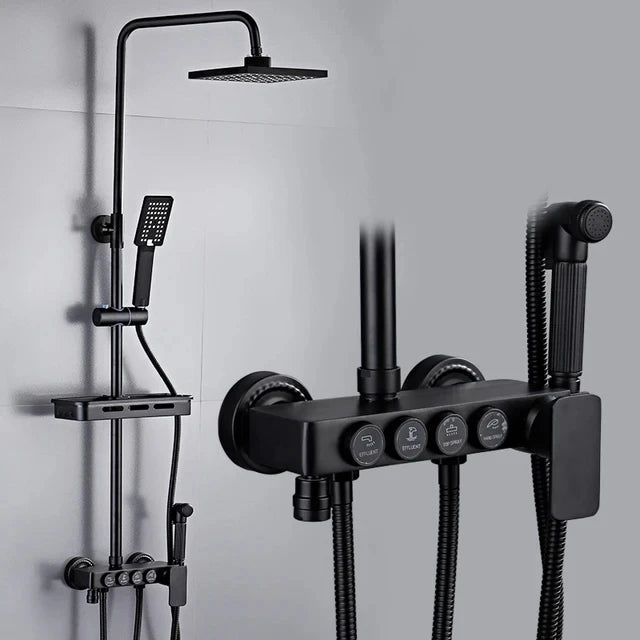 KEMAIDI Black & Gold 4-Way Shower Faucet Set – Rainfall Shower, Handheld Wand, Bidet, Shelf – Matte Finish
