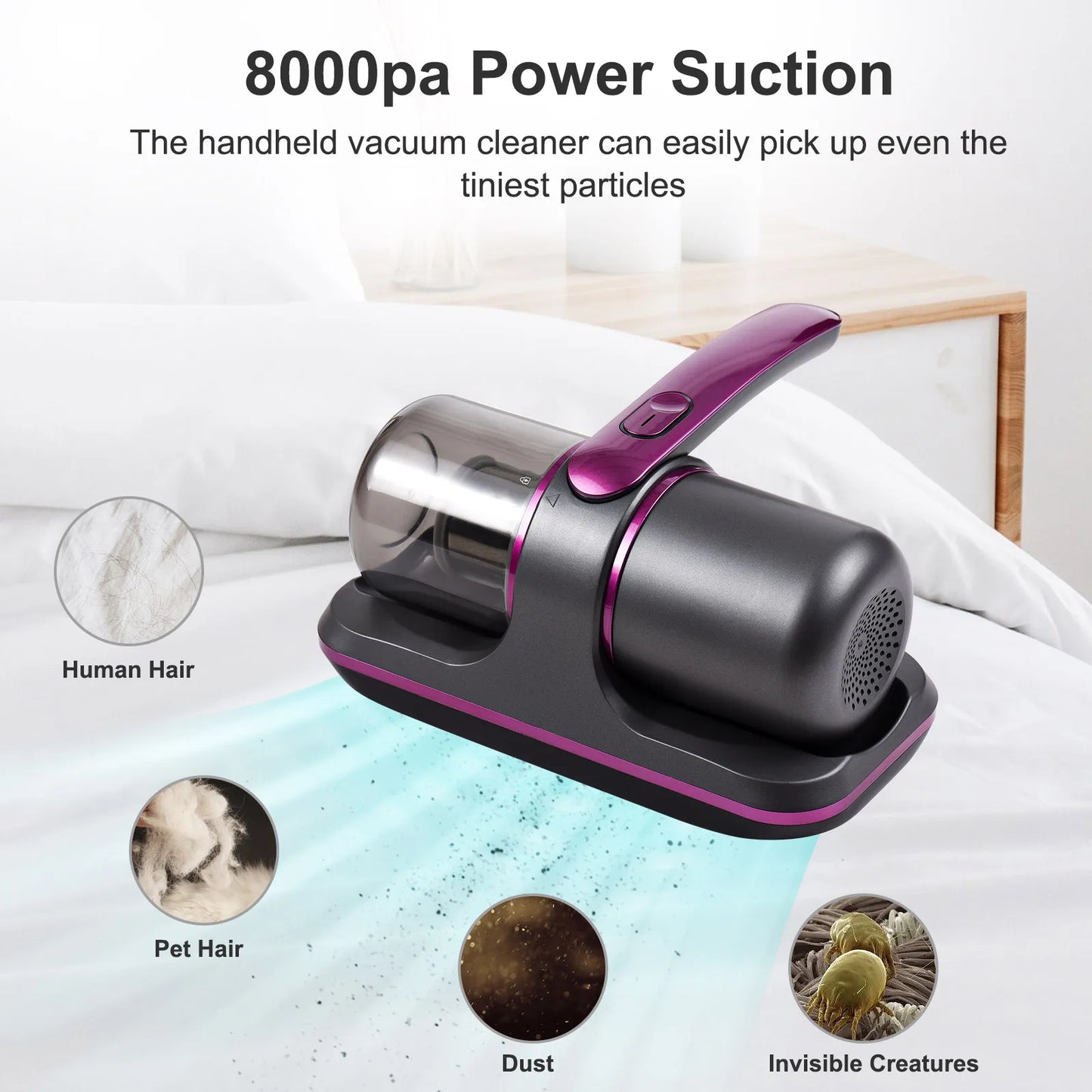 Compact Mattress Vacuum Cleaner – 100W Cordless UV Bed Cleaner with 8000Pa Suction & 2 Adjustable Speeds