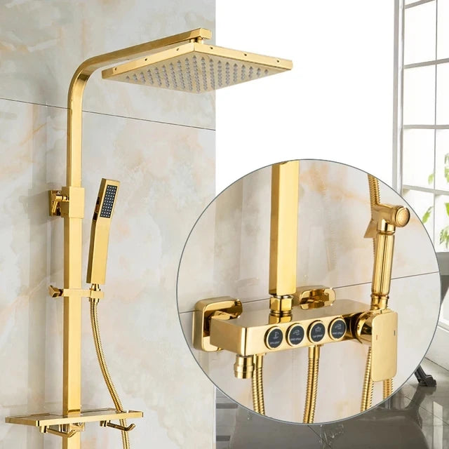 KEMAIDI Black & Gold 4-Way Shower Faucet Set – Rainfall Shower, Handheld Wand, Bidet, Shelf – Matte Finish