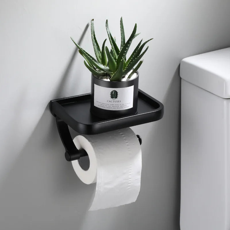 Aluminum Alloy Toilet Paper Holder with Shelf – Wall-Mount Design, Phone & Towel Storage, Multiple Styles
