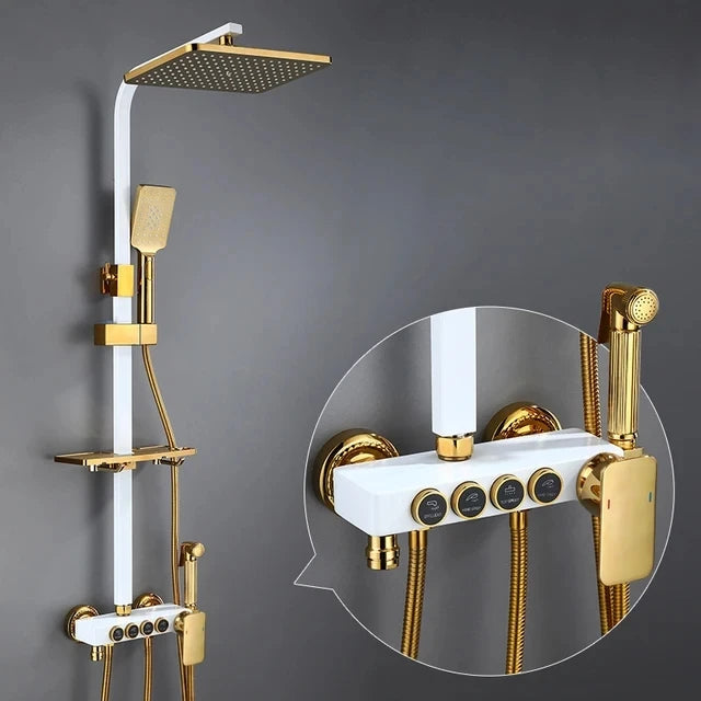 KEMAIDI Black & Gold 4-Way Shower Faucet Set – Rainfall Shower, Handheld Wand, Bidet, Shelf – Matte Finish