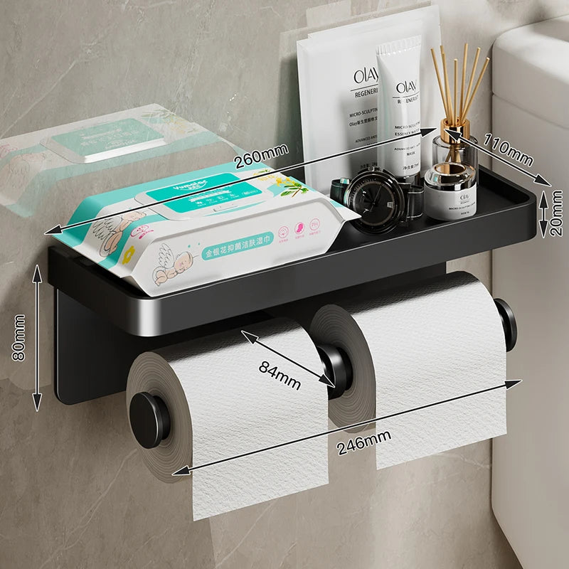Aluminum Alloy Toilet Paper Holder with Shelf – Wall-Mount Design, Phone & Towel Storage, Multiple Styles