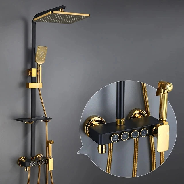 KEMAIDI Black & Gold 4-Way Shower Faucet Set – Rainfall Shower, Handheld Wand, Bidet, Shelf – Matte Finish