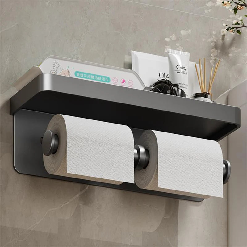 Aluminum Alloy Toilet Paper Holder with Shelf – Wall-Mount Design, Phone & Towel Storage, Multiple Styles