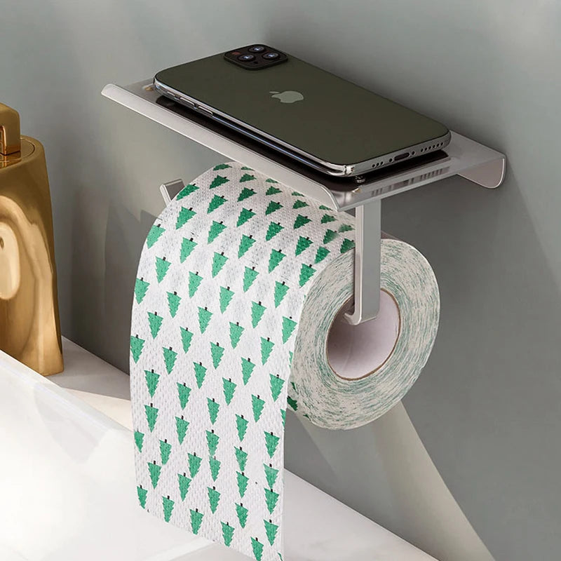 Aluminum Alloy Toilet Paper Holder with Shelf – Wall-Mount Design, Phone & Towel Storage, Multiple Styles