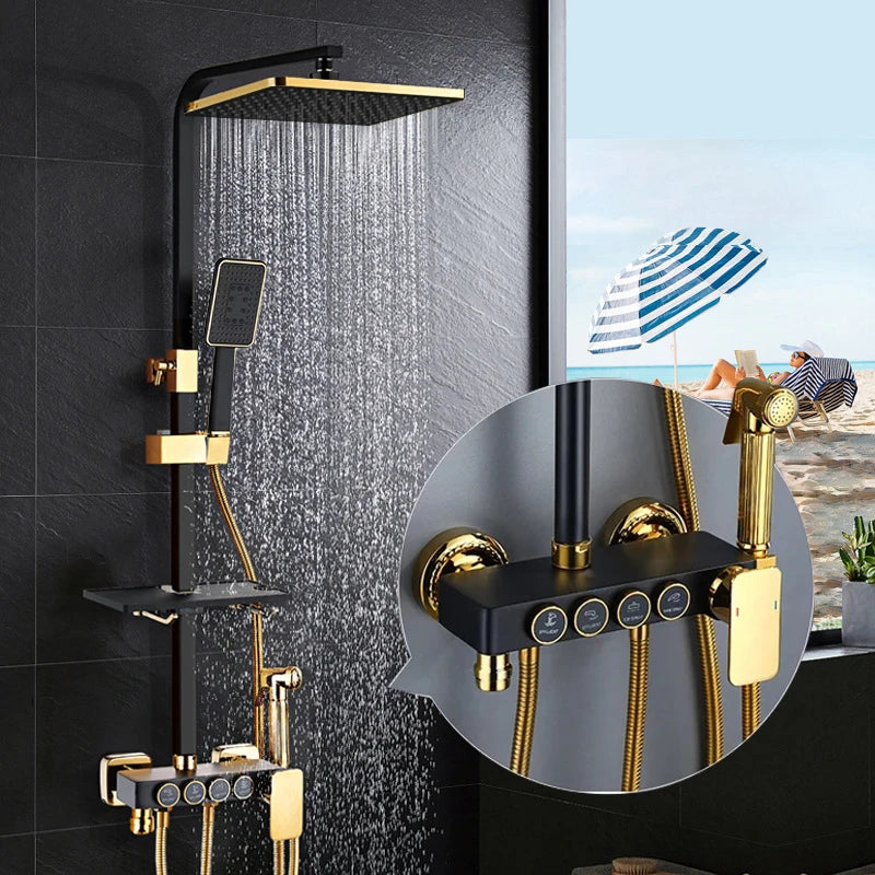KEMAIDI Black & Gold 4-Way Shower Faucet Set – Rainfall Shower, Handheld Wand, Bidet, Shelf – Matte Finish