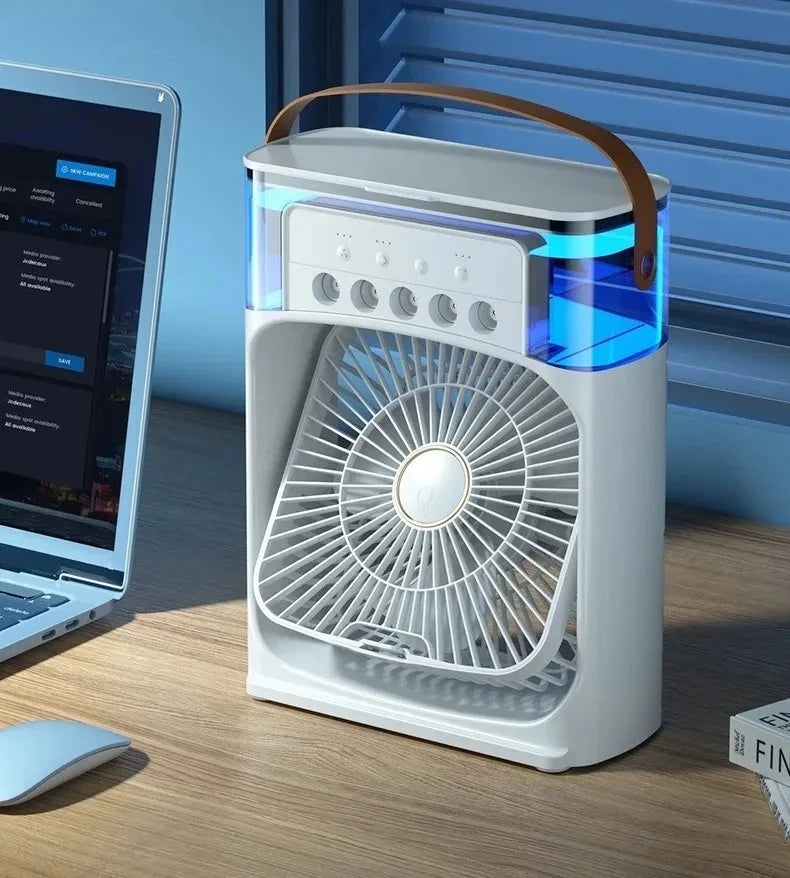 Portable USB Mini Air Conditioner Fan – 3-in-1 Cooling Mist, Humidifier & 7-Color LED Light for Desk & Travel