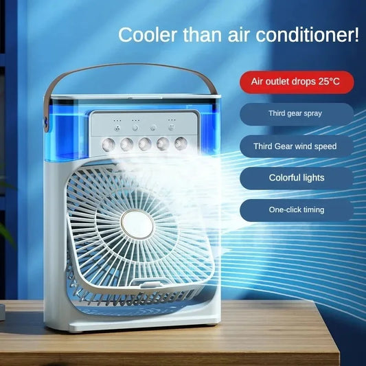 Portable USB Mini Air Conditioner Fan – 3-in-1 Cooling Mist, Humidifier & 7-Color LED Light for Desk & Travel
