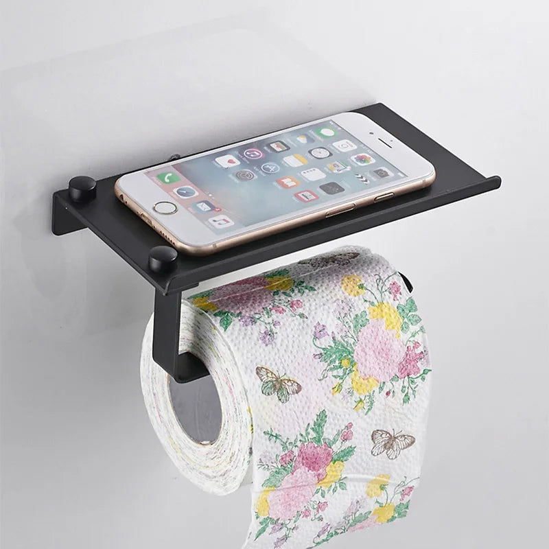 Aluminum Alloy Toilet Paper Holder with Shelf – Wall-Mount Design, Phone & Towel Storage, Multiple Styles