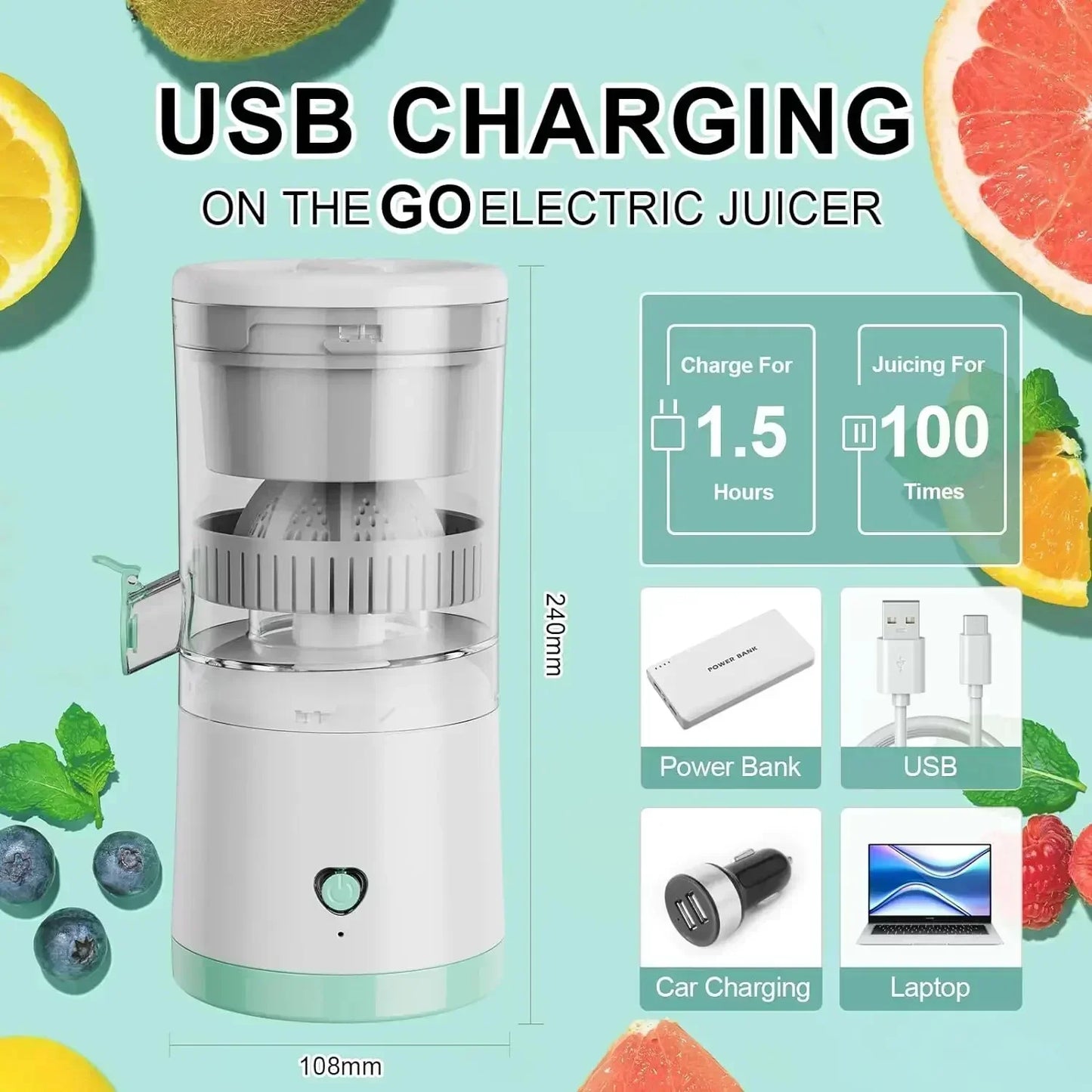 Portable Electric Citrus Juicer – USB Rechargeable, Compact Design for Fresh Orange & Lemon Juice Anytime