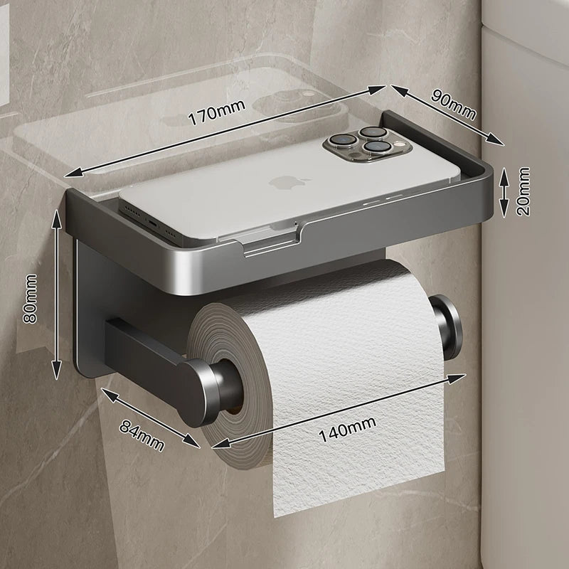 Aluminum Alloy Toilet Paper Holder with Shelf – Wall-Mount Design, Phone & Towel Storage, Multiple Styles