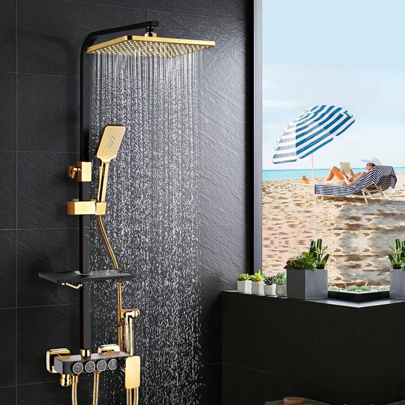 KEMAIDI Black & Gold 4-Way Shower Faucet Set – Rainfall Shower, Handheld Wand, Bidet, Shelf – Matte Finish