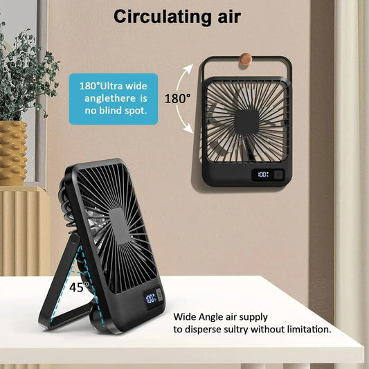 Sulvgo 180° Foldable Desk Fan – USB-C Rechargeable, 5-Speed Ultra-Quiet Personal Fan with Digital Power Display