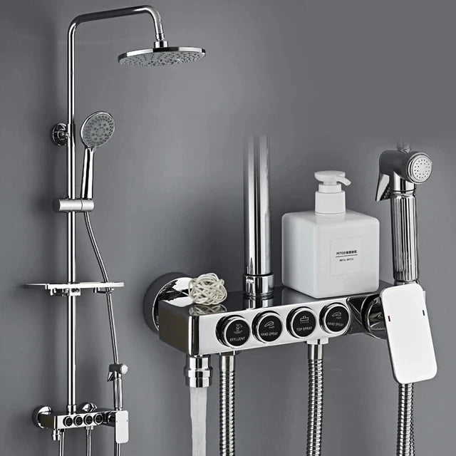 KEMAIDI Black & Gold 4-Way Shower Faucet Set – Rainfall Shower, Handheld Wand, Bidet, Shelf – Matte Finish