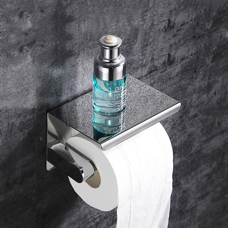 Aluminum Alloy Toilet Paper Holder with Shelf – Wall-Mount Design, Phone & Towel Storage, Multiple Styles