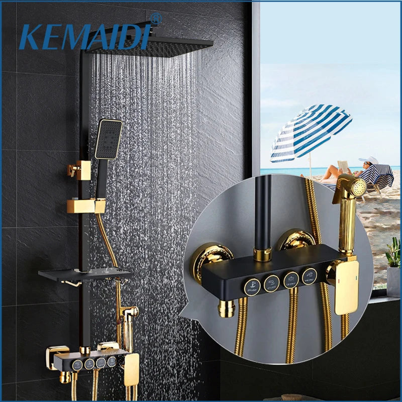 KEMAIDI Black & Gold 4-Way Shower Faucet Set – Rainfall Shower, Handheld Wand, Bidet, Shelf – Matte Finish