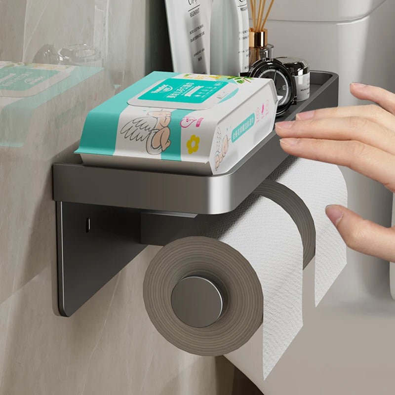 Aluminum Alloy Toilet Paper Holder with Shelf – Wall-Mount Design, Phone & Towel Storage, Multiple Styles