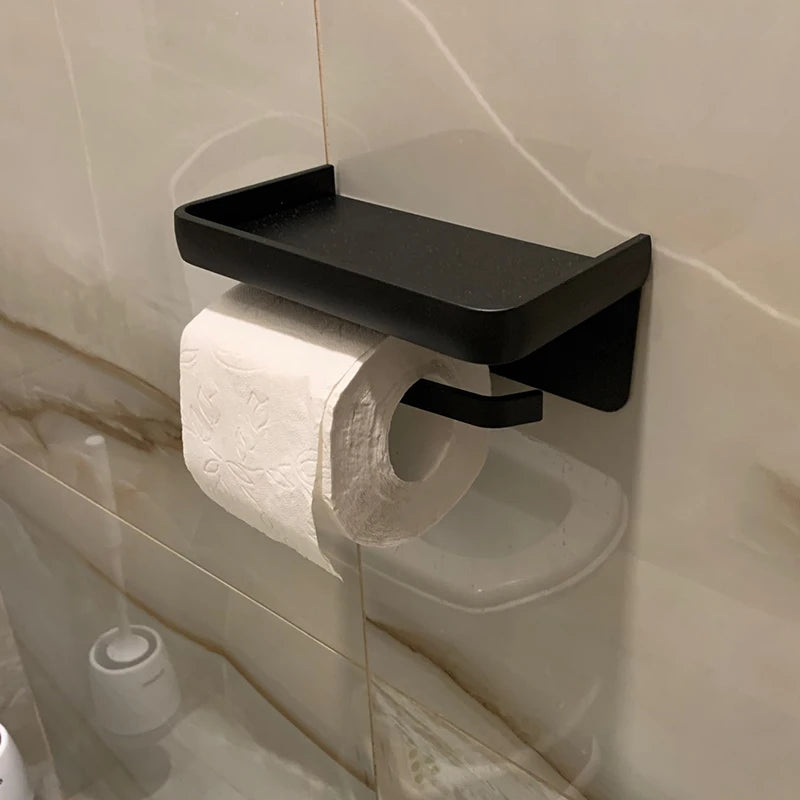 Aluminum Alloy Toilet Paper Holder with Shelf – Wall-Mount Design, Phone & Towel Storage, Multiple Styles