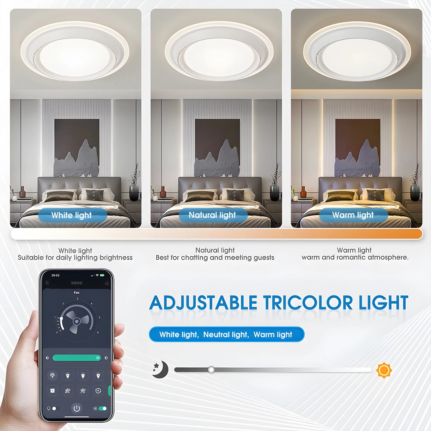 Jelena Retractable Ceiling Fan with LED Light – 220V, Remote Control, 6-Speed, 3 Color Temperatures, 10–20㎡ Coverage
