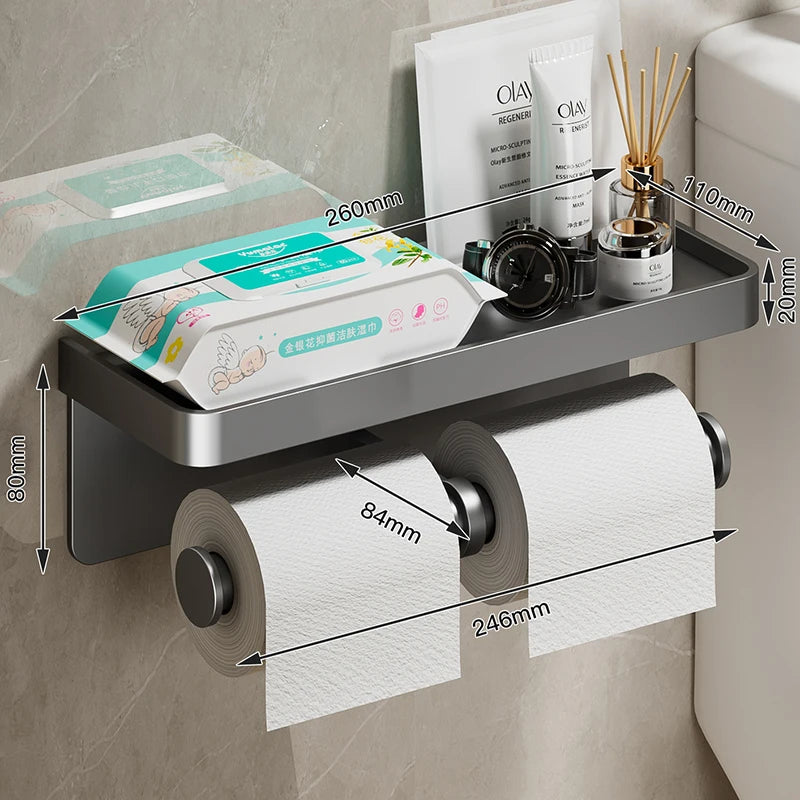 Aluminum Alloy Toilet Paper Holder with Shelf – Wall-Mount Design, Phone & Towel Storage, Multiple Styles