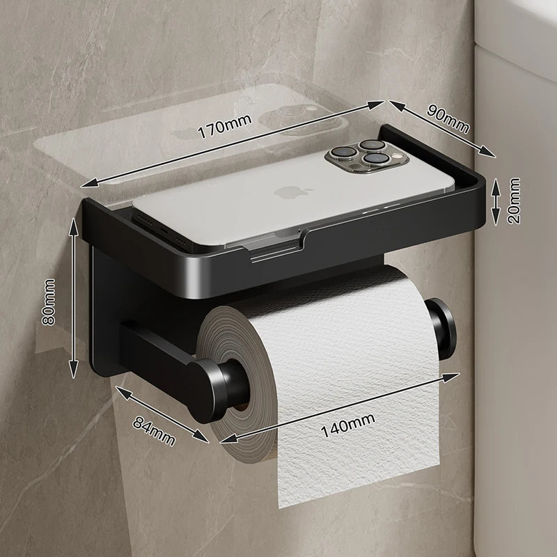 Aluminum Alloy Toilet Paper Holder with Shelf – Wall-Mount Design, Phone & Towel Storage, Multiple Styles