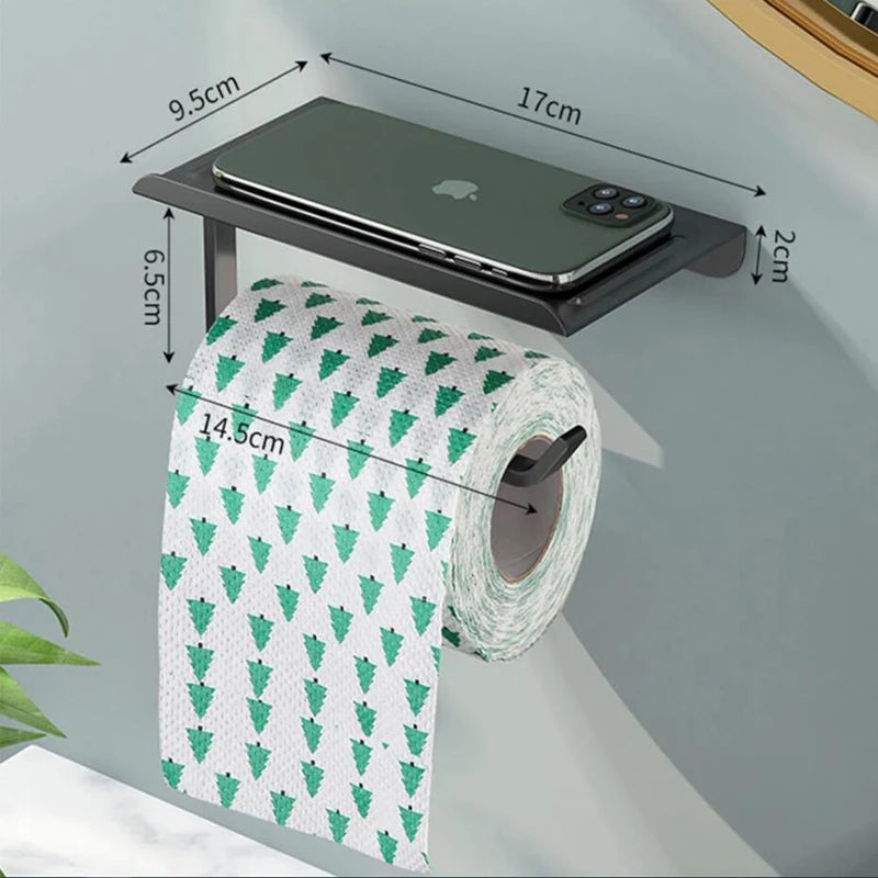 Aluminum Alloy Toilet Paper Holder with Shelf – Wall-Mount Design, Phone & Towel Storage, Multiple Styles