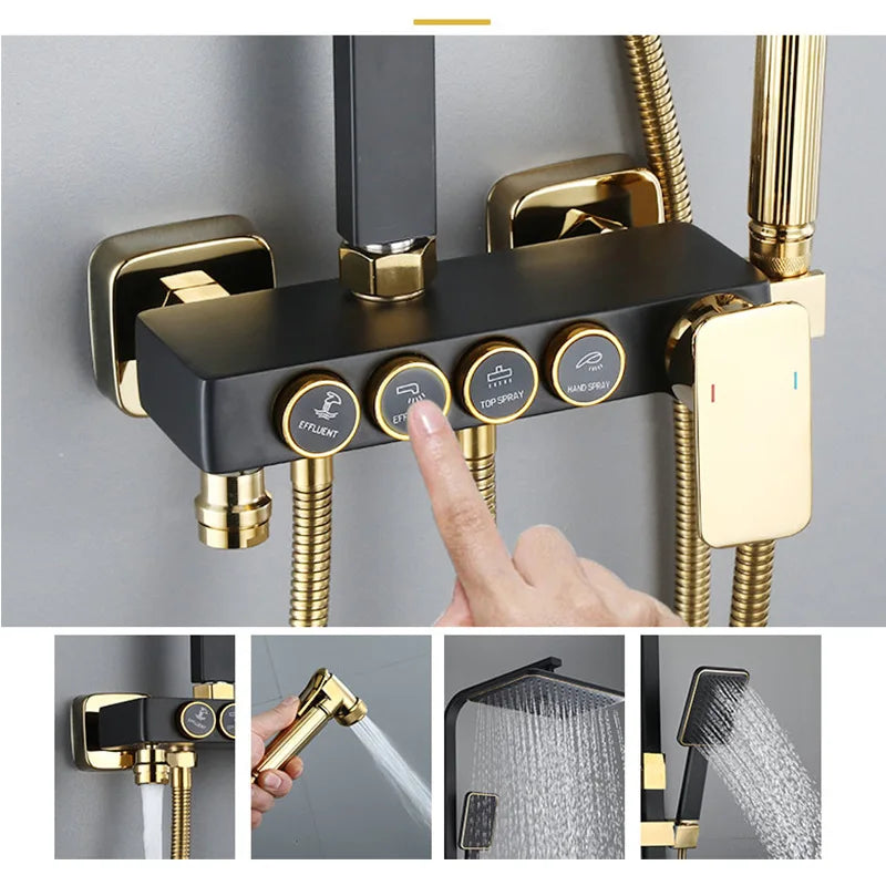 KEMAIDI Black & Gold 4-Way Shower Faucet Set – Rainfall Shower, Handheld Wand, Bidet, Shelf – Matte Finish