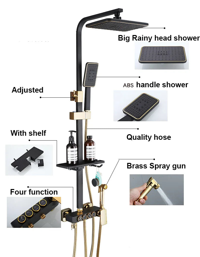 KEMAIDI Black & Gold 4-Way Shower Faucet Set – Rainfall Shower, Handheld Wand, Bidet, Shelf – Matte Finish