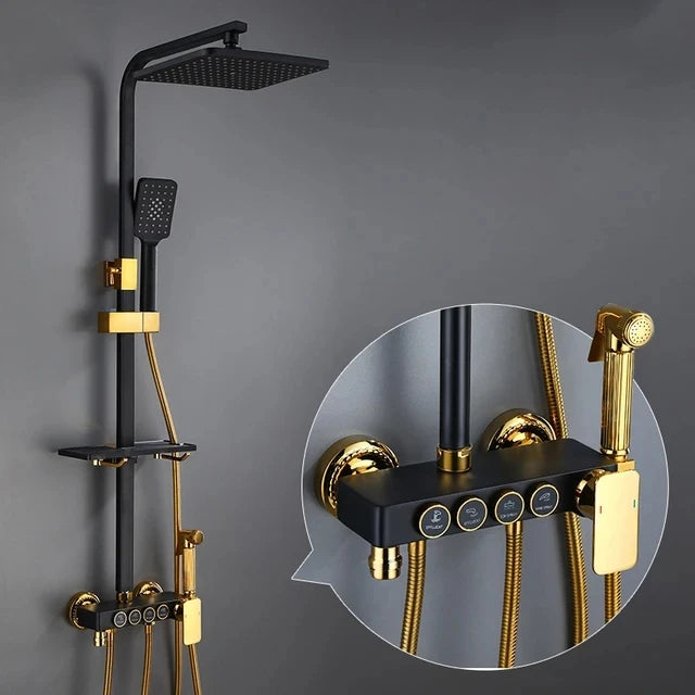 KEMAIDI Black & Gold 4-Way Shower Faucet Set – Rainfall Shower, Handheld Wand, Bidet, Shelf – Matte Finish