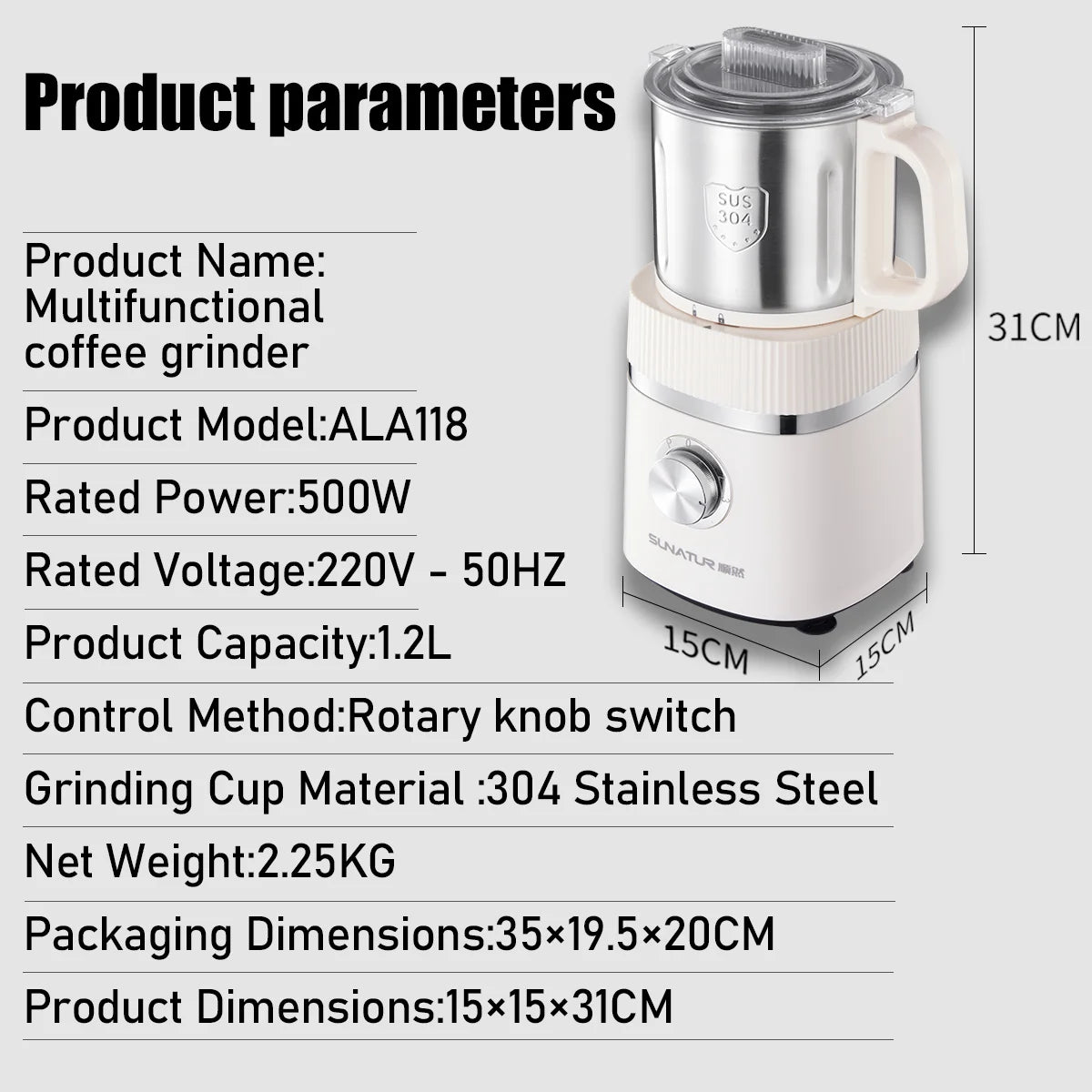 Sunatur 500W 2-in-1 Wet & Dry Food Grinder – 1L Capacity, Stainless Steel Blades, Adjustable Grind Settings