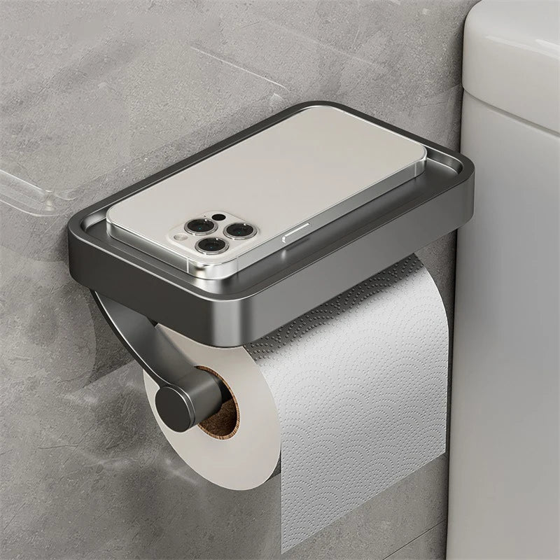 Aluminum Alloy Toilet Paper Holder with Shelf – Wall-Mount Design, Phone & Towel Storage, Multiple Styles