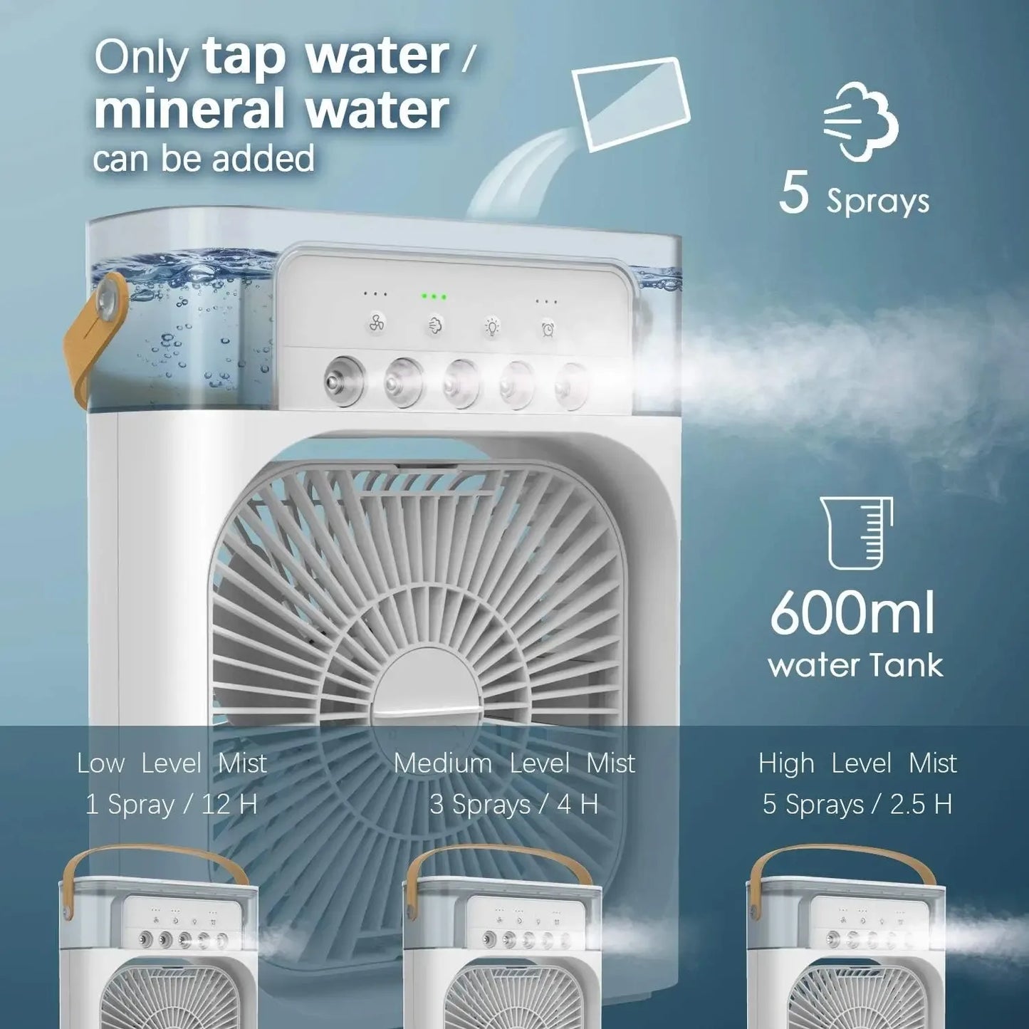 Portable USB Mini Air Conditioner Fan – 3-in-1 Cooling Mist, Humidifier & 7-Color LED Light for Desk & Travel