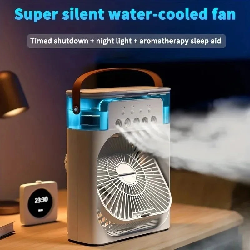 Portable USB Mini Air Conditioner Fan – 3-in-1 Cooling Mist, Humidifier & 7-Color LED Light for Desk & Travel