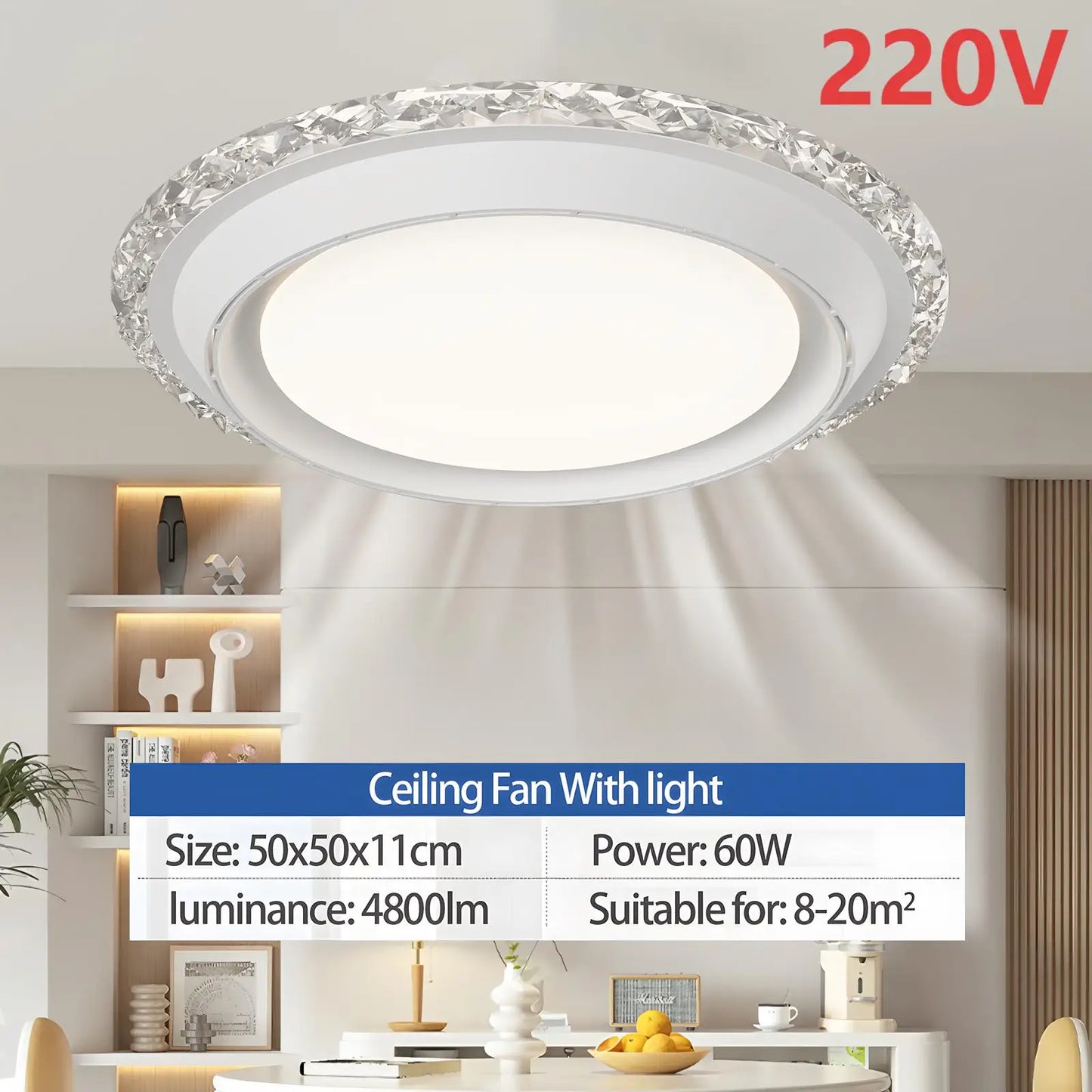 Jelena Retractable Ceiling Fan with LED Light – 220V, Remote Control, 6-Speed, 3 Color Temperatures, 10–20㎡ Coverage