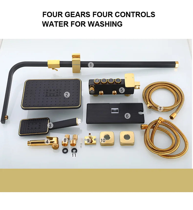 KEMAIDI Black & Gold 4-Way Shower Faucet Set – Rainfall Shower, Handheld Wand, Bidet, Shelf – Matte Finish
