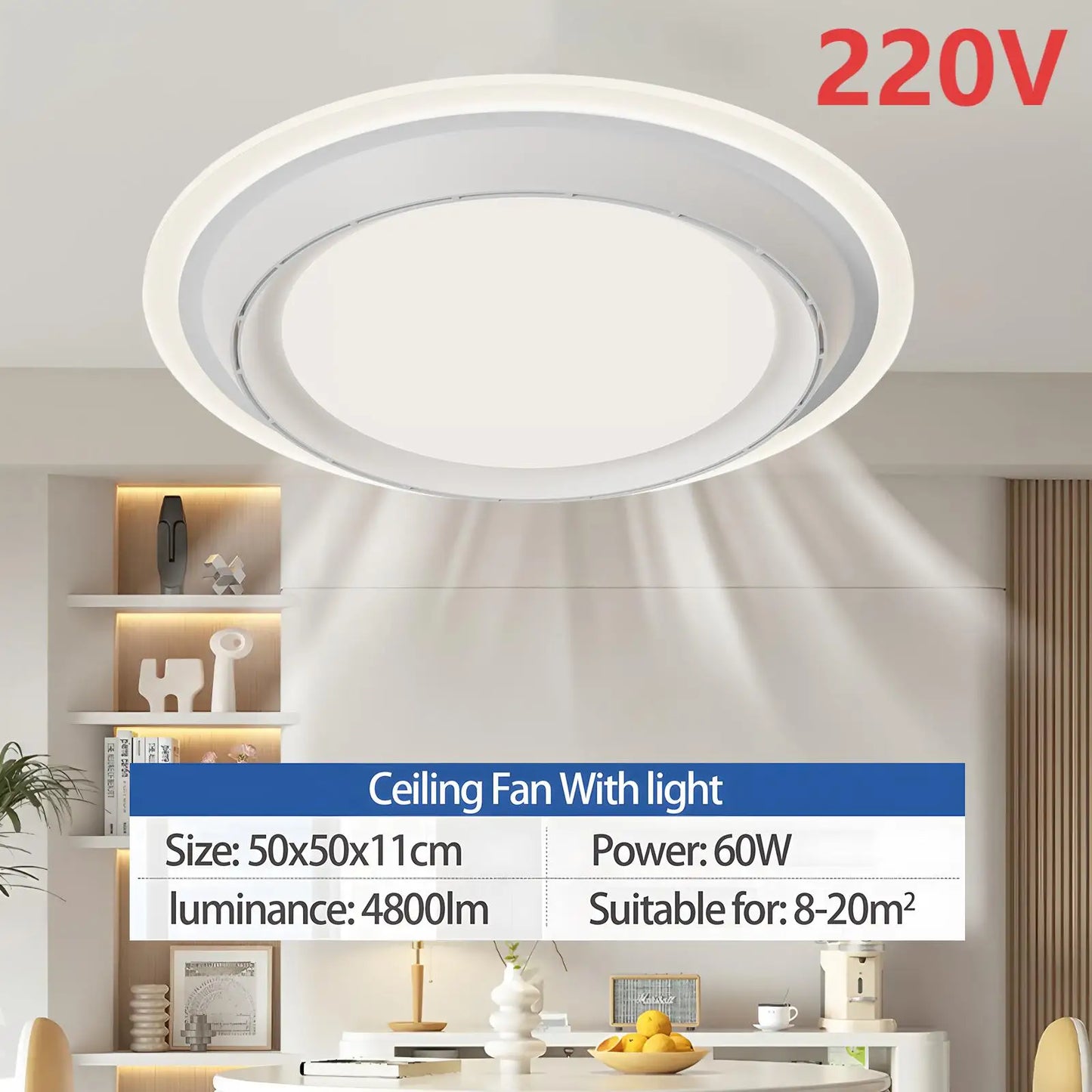 Jelena Retractable Ceiling Fan with LED Light – 220V, Remote Control, 6-Speed, 3 Color Temperatures, 10–20㎡ Coverage