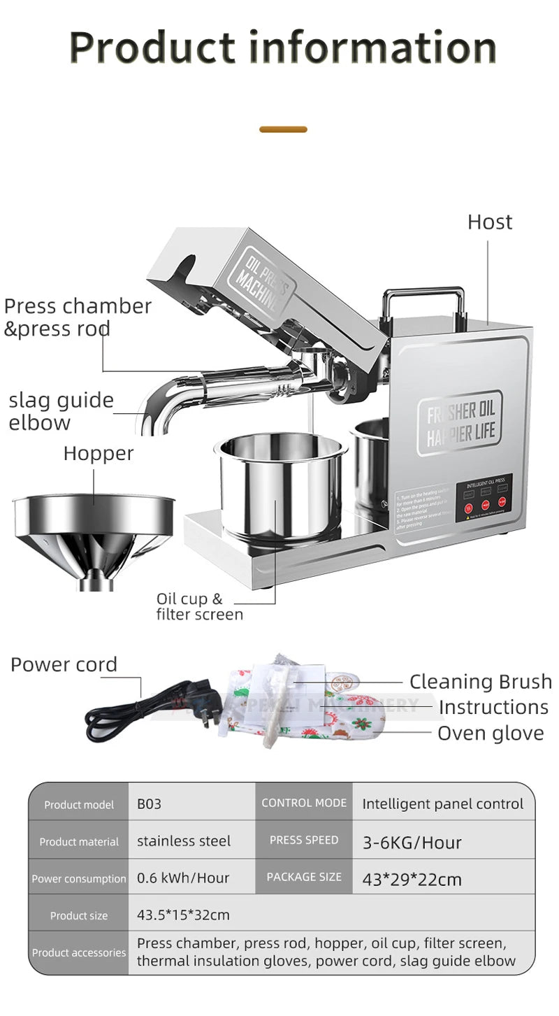 BO3 Automatic Oil Pressing Machine – Stainless Steel Hot & Cold Oil Extraction with Temperature Control – Ideal for Sesame, Peanut, and More