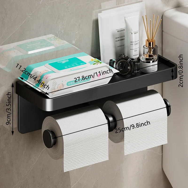 Aluminum Alloy Toilet Paper Holder with Shelf – Wall-Mount Design, Phone & Towel Storage, Multiple Styles