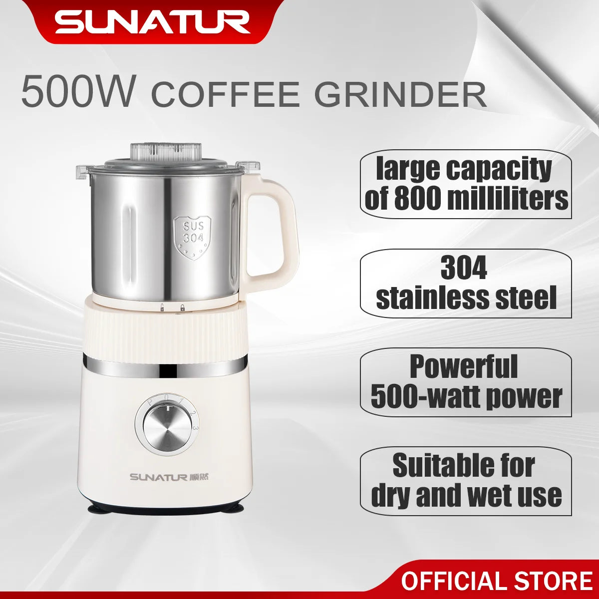 Sunatur 500W 2-in-1 Wet & Dry Food Grinder – 1L Capacity, Stainless Steel Blades, Adjustable Grind Settings